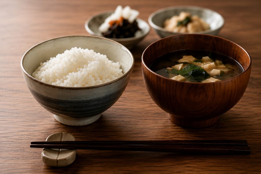 瀬戸物の器に盛られた日本食